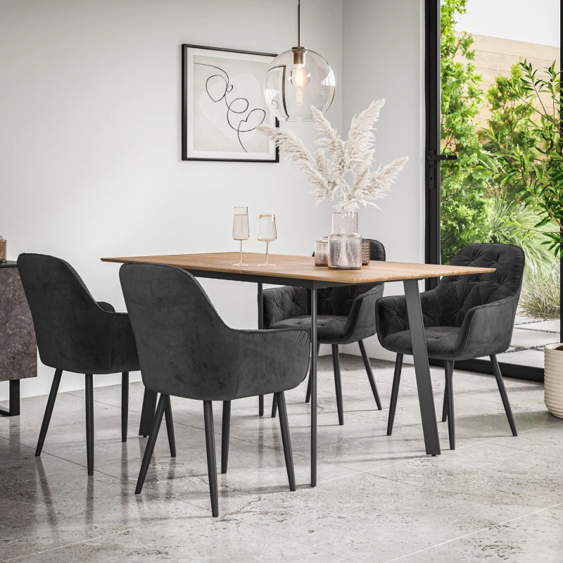 Image of More4Homes Haydon Extending Dining Table And Chairs - Oak Effect Table Top W Black Legs + Anika Velvet Dining Chair Set Of 4 (Black)