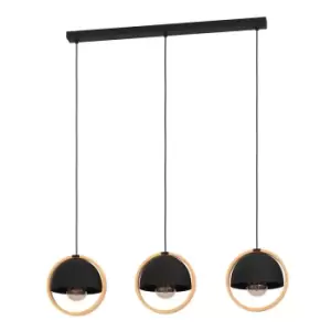 image of EGLO Callow 3 Light Black and Wood Pendant Light