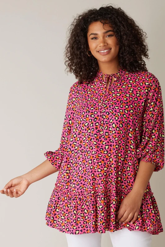 Image of Evans Tie-neck Frill Hem Tunic Animal, Pink, Size 18, Women Pink VYIBB Female 18