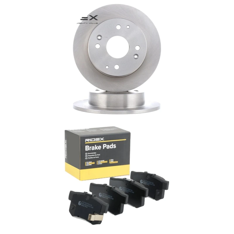 Image of RIDEX 3405B2166 Brake disc and pads set Rear Axle, Brake Disc Type: Solid, with acoustic wear warning Brake Set,disc brakes (3405)