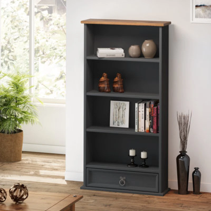 Image of Mercers Furniture Corona Charcoal 1 Drawer DVD Rack 4 Shelf Media Storage Solid Pine With Mexican Styling, Grey CHARC106