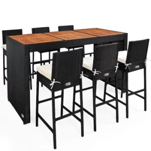 image of 6 Seat Poly Rattan Bar Set Black Acacia Wood