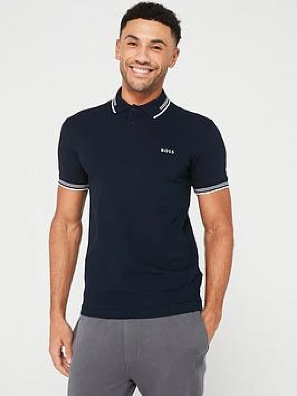 Image of Boss Mens HBG Paul Polo Contrast Striped Trim Shirt Dark Blue male M