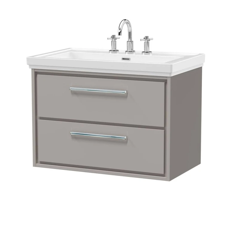 Image of Balterley Modern Bathroom Wall Hung 2-Drawer Vanity Unit With Fireclay Basin, Pebble Grey, 800mm
