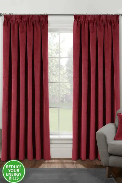 Image of Enhanced Living Velvet, Supersoft, 100% Blackout, Thermal Pair of Curtains with Tape Top Red