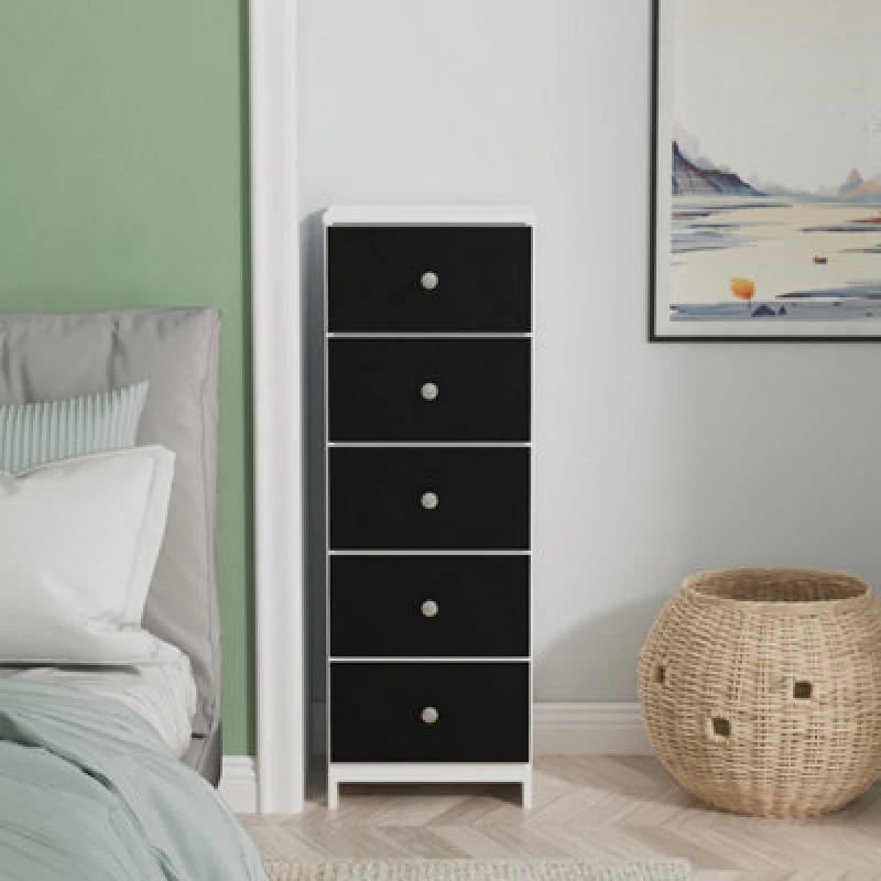 Image of Portland 5 Drawer Tall Bedside Cabinet In Black & White Matt (Ready Assembled)