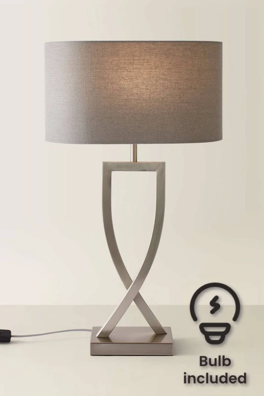 Image of ValueLights Katniss Metal Industrial Tall Table Lamp with Linen Shade & Bulb in Silver Silver Unisex