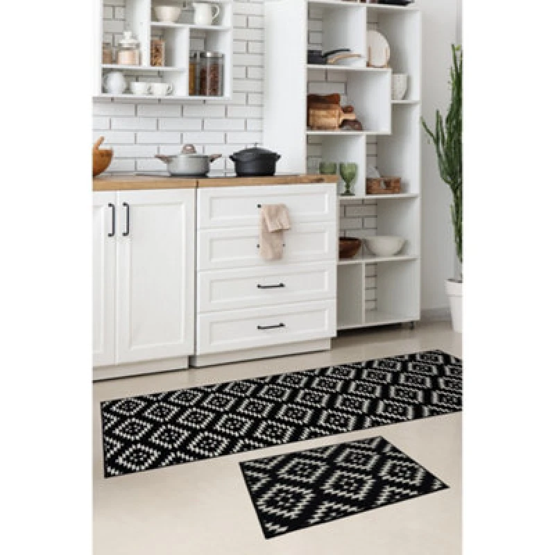 Image of Homemaker Homemaker Geo Washable Mat & Runner Set - Black