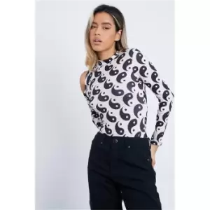 image of I Saw It First Black & White Yin Yang Print Cut Out Long Sleeved Bodysuit - Black