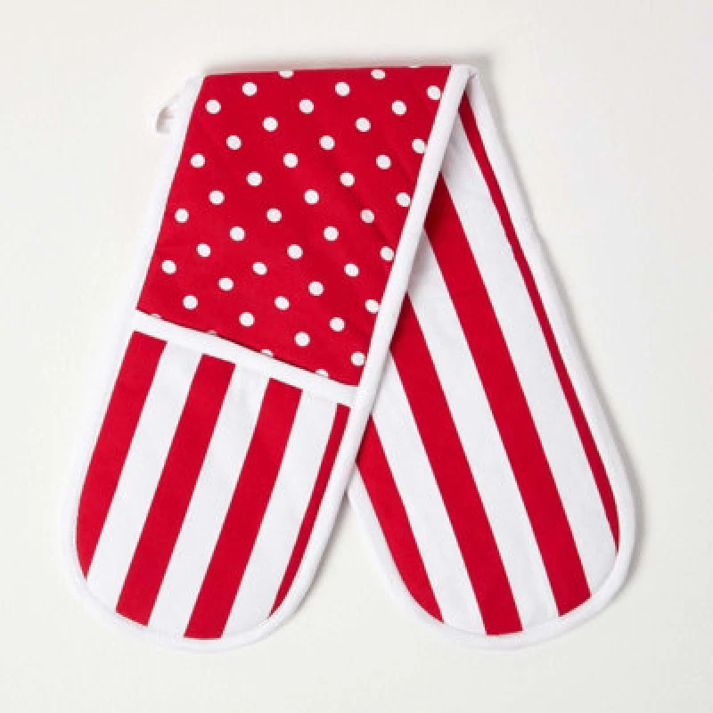 Image of Homescapes Red Polka Dot Cotton Double Oven Glove Red unisex