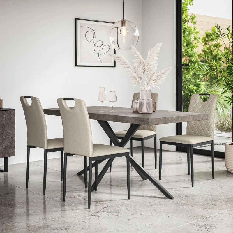 Image of More4Homes Donni Dining Table And Chairs - Concrete Effect Table Top W Black Legs + Monza Linen Dining Chair Set Of 4 (Beige)
