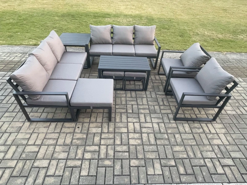Image of Fimous Aluminium Outdoor Garden Furniture Lounge Sofa 2 PC Chairs Oblong Coffee Table Sets with Side Table 3 Footstools Dark Grey Dark Grey Unisex
