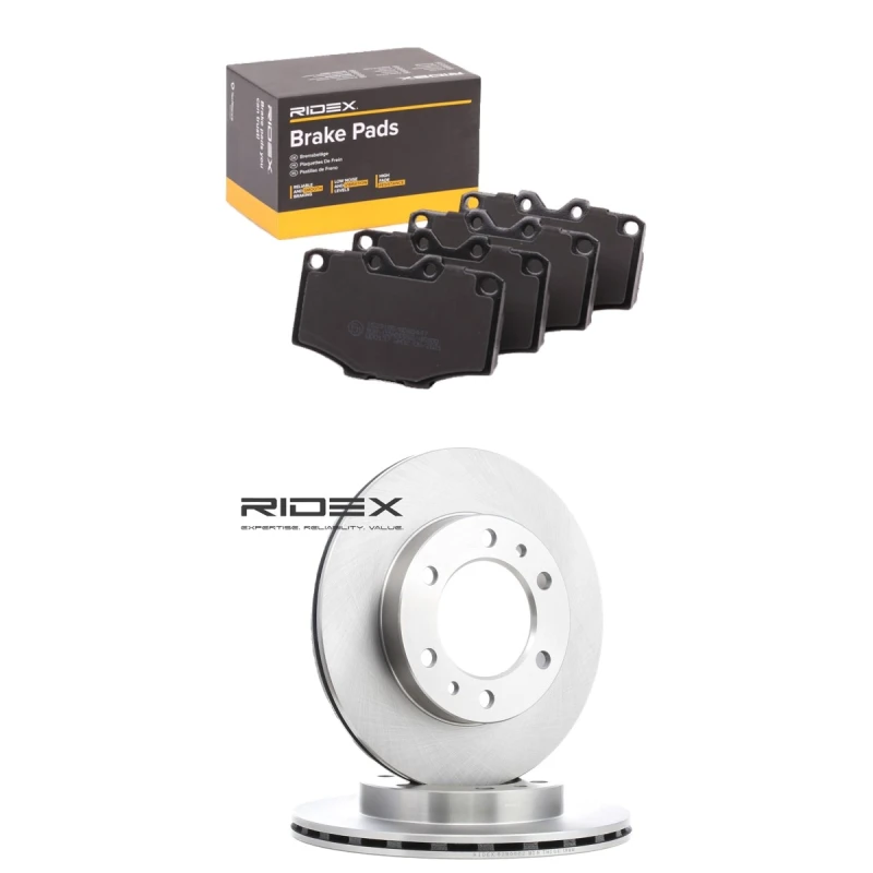 Image of RIDEX 3405B1983 Brake disc and pads set Front Axle, Brake Disc Type: Vented, excl. wear warning contact Brake Set,disc brakes (3405)