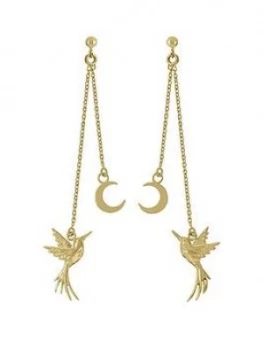 image of Sara Miller 18Ct Gold Plated Crescent Moon And Hummingbird Drop Earrings