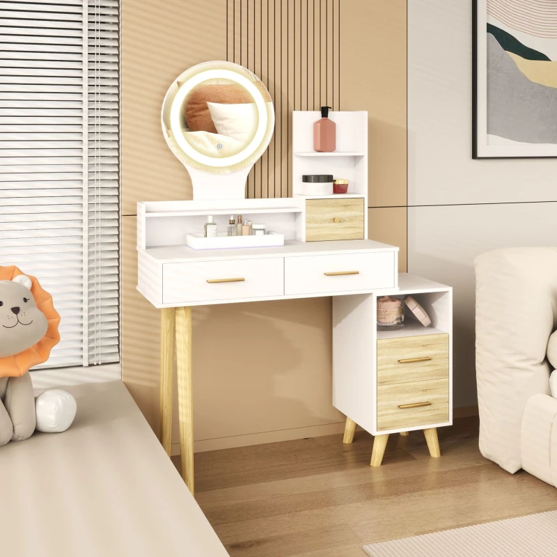Image of HOMCOM Dressing Table with Mirror, Vanity Table with LED Lights, White White