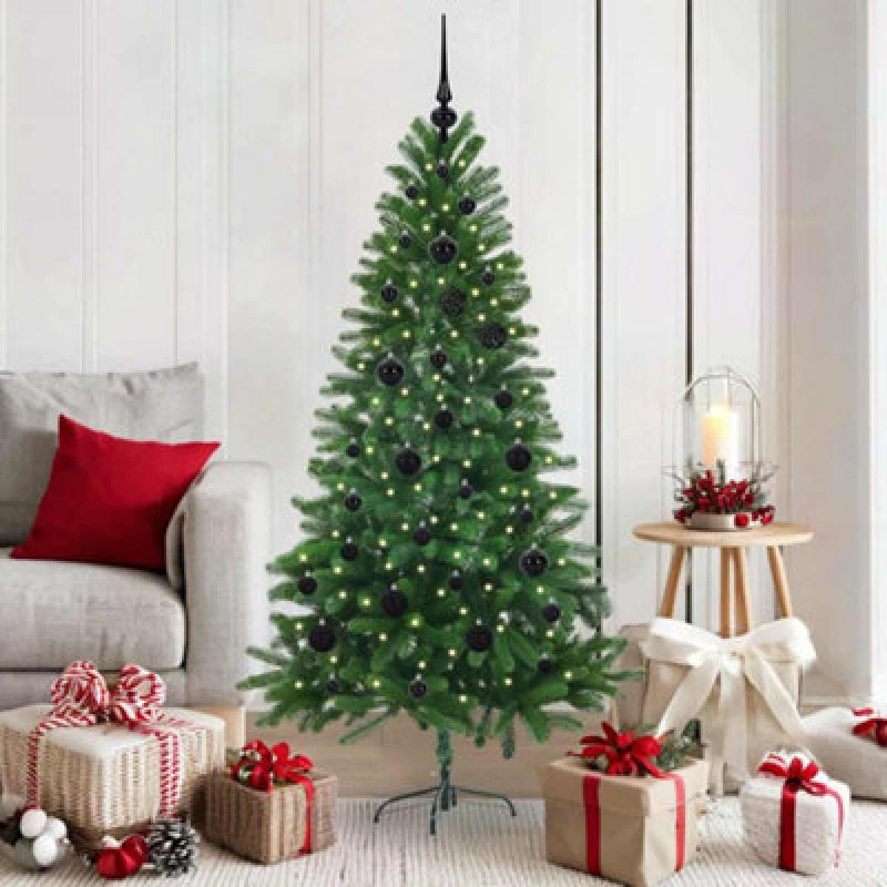 Image of vidaXL Christmas Tree with 150 LEDs, Black Balls with Stand Green 150cm PE, Green 3396319