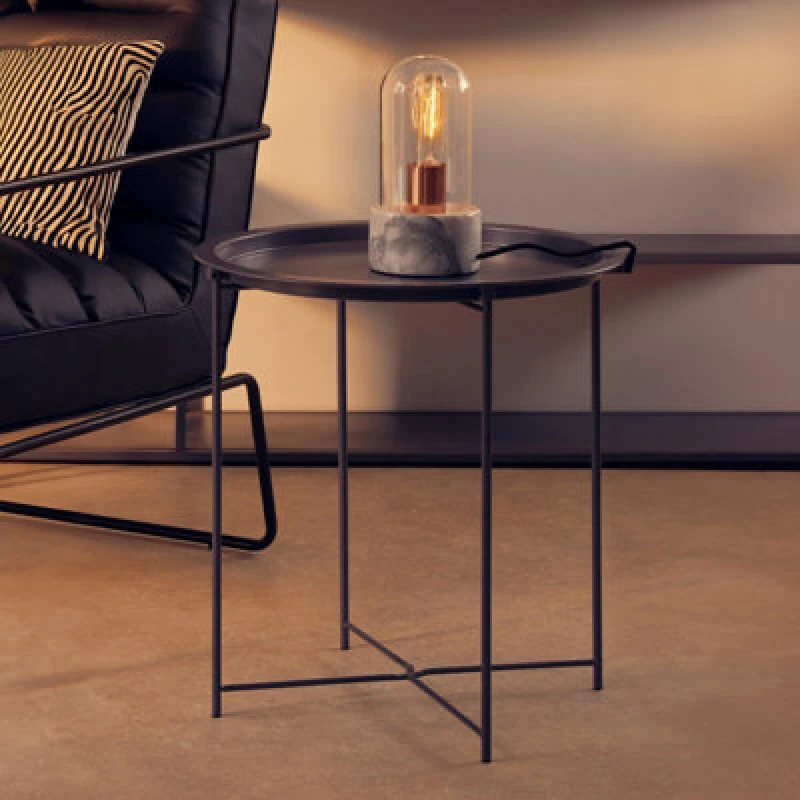 Image of Orsina Sleek Grey Metal Round Side Table, Modern Design Bedside Table For Bedroom, Functional Livingroom Sidetable