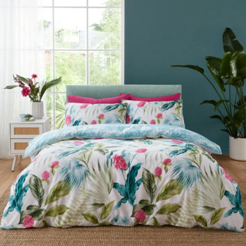 Image of Catherine Lansfield Bedding Aruba Tropical Floral Reversible King Duvet Cover Set With Pillowcases Green