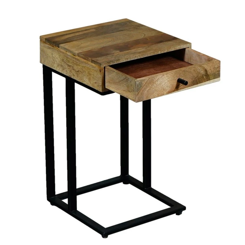 Image of Jaipur Furniture Ltd Ravi Iron Base 1 Drawer Small Side Table - Mango Wood - L30 x W30 x H50cm - Mango Light Finish in Brown Brown Unisex