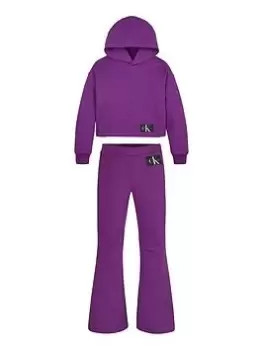 Image of Calvin Klein Jeans Girls 2 Piece Proportion Play Hoodie and Flares Set - Purple, Purple, Size Age: 14 Years, Women