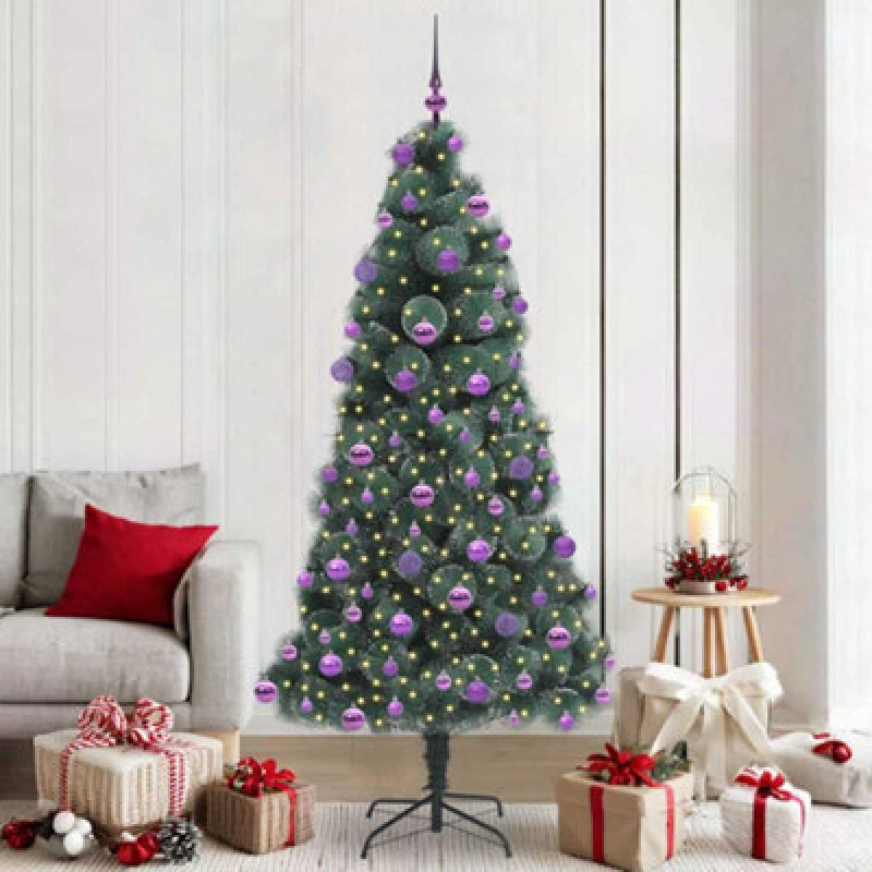 Image of vidaXL Artificial Pre-lit Christmas Tree with Lilac Ball Set Green 210 cm, Green 3396184