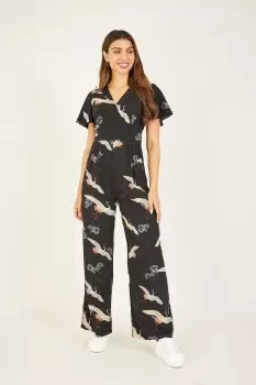 Image of Black Crane Print Jumpsuit