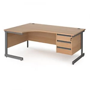 image of Dams International Left Hand Ergonomic Desk with Beech Coloured MFC Top and Graphite Frame Cantilever Legs and 3 Lockable Drawer Pedestal Contract 25