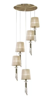 image of Tiffany Ceiling Cluster Pendant 5+5 Light E27+G9 Spiral, Antique Brass with Soft Bronze Shades & Clear Crystal