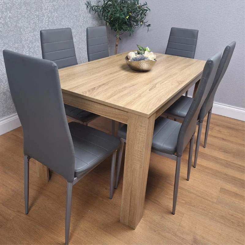 Image of KOSY KOALA Dining Set of 6 Dining Table and 6 Grey Faux leather Chairs Dinig Room Furniture Beige