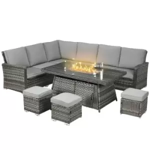 Image of Outsunny 7 Pieces PE Rattan Garden Furniture Set, 50,000 BTU Gas Fire Pit Table, Double Corner Sofa and 3 Footstools, 6 Seater Furniture Sofa Sets wit