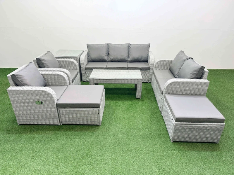 Image of Fimous PE Rattan Garden Furniture Set Adjustable Chair Sofa Double Love Seat 2 Seater Sofa Lounge Set Rectangular Coffee Table 2 Big Footstool Side Ta