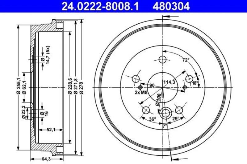 Image of ATE 24.0222-8008.1 Brake Drum 271,8mm Brake Drum (123)