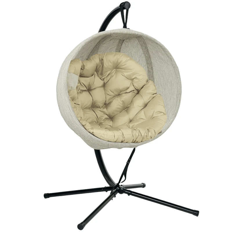 Image of Outsunny Hanging Egg Chair Outdoor Indoor Swing Chair, Folding Basket, Khaki Khaki