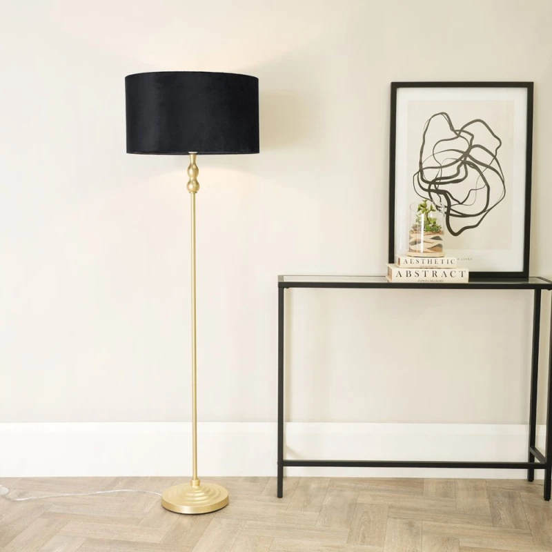 Image of ValueLights Maggie Gold Candlestick Floor Lamp with Velvet Lamp Shade and LED Bulb Black