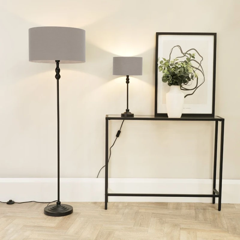 Image of ValueLights Maggie Black Metal Candlestick Floor Lamp with Fabric Lamp Shade Grey