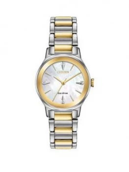 Image of Citizen Eco-Drive Mother Of Pearl And Gold Detail Dial Dark Red Metallic Leather Strap Ladies Watch