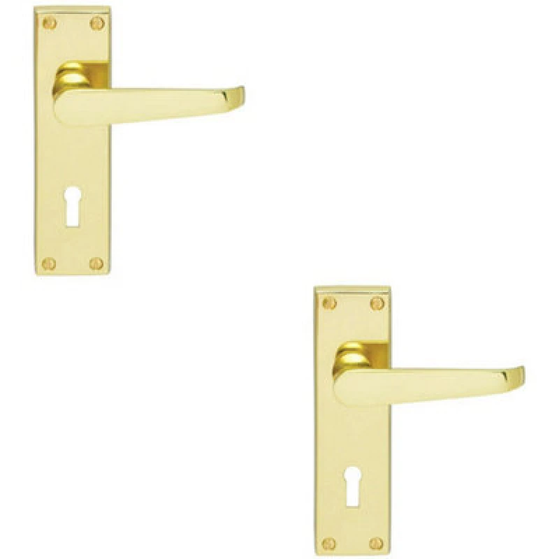 Image of Loops 2x PAIR Victorian Flat Lever on Lock Backplate Handle 150 x 42mm Polished Brass Metallics