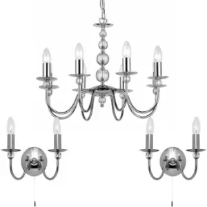 image of 8 Bulb Ceiling Pendant Lamp & 2x Matching Twin Wall Light Chrome & Clear Glass