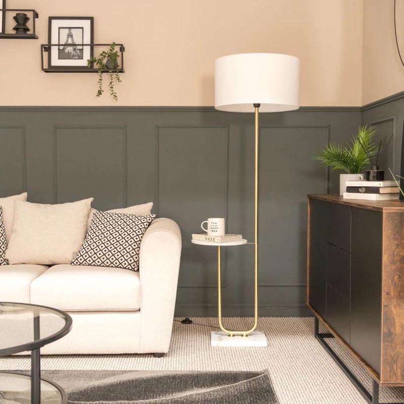 Image of VALUELIGHTS Large Curved Gold Floor Lamp Marble Table Storage Light Fabric Shade - White - No Bulb B3547