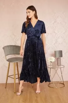 Image of Navy Velvet Wrap Over Angel Sleeve Midi Dress