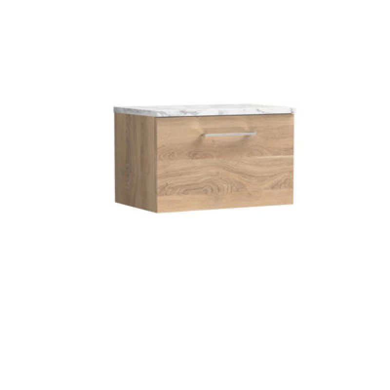 Image of Nuie Arno Wall Hung 1-Drawer Vanity & Carrera Marble Laminate Worktop, Stylish Counter Top Vanity Unit In Bleached Oak, 600mm