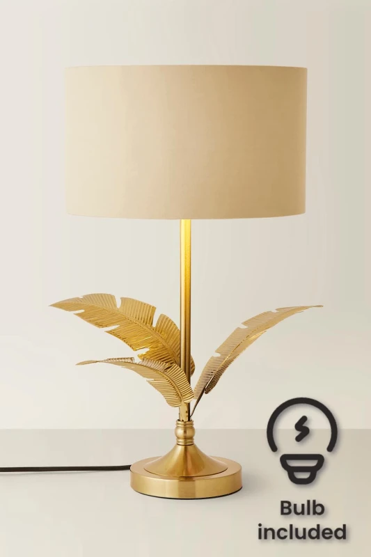 Image of ValueLights ValueLights Christina Fabric with Gold Inner Drum Shade Gold Palm Leaf Table Lamp with Bulb in Natural Natural One Size Unisex 50594060673