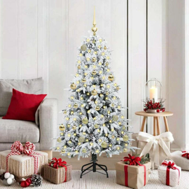 Image of vidaXL Artificial Hinged Christmas Tree with Gold Balls Snow Flocked Green 150cm PE and PVC, Green 3397475