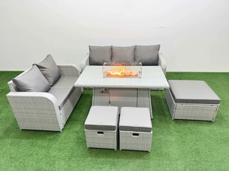 Image of Fimous 8 Seater PE Rattan Wicker Garden Furniture Patio Conservatory Sofa Set with Firepit Dining Table 3 Seater Sofa Love Sofa 3 Stool Light Grey