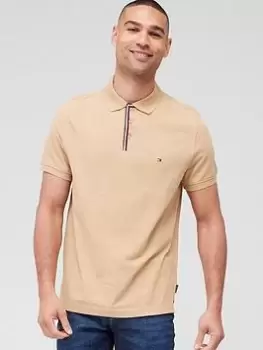 Image of Tommy Hilfiger Striped Placket Regular Fit Polo Shirt - Khaki, Size 2XL, Men