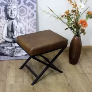 Image of Brown Leather Artisan Cross-Legged Black Frame Stool - Brown