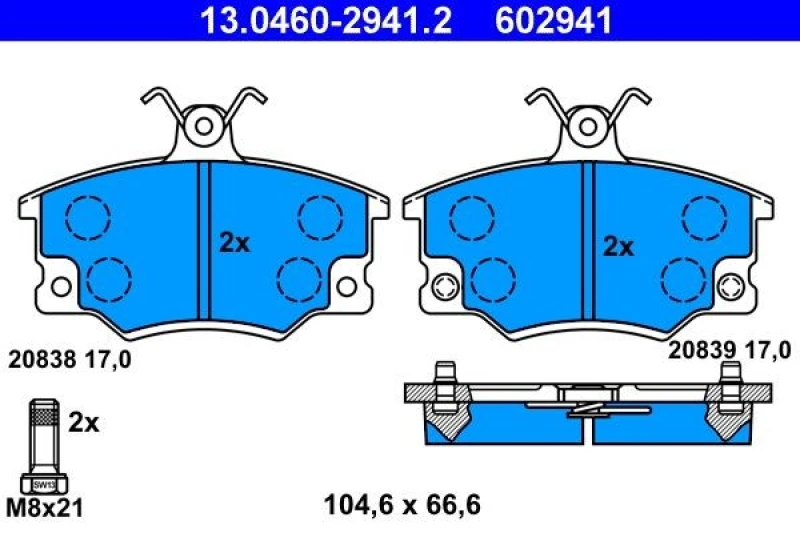 Image of ATE 13.0460-2941.2 Brake pad set incl. wear warning contact, with brake caliper screws Brake Pad Set,disc brake (402)