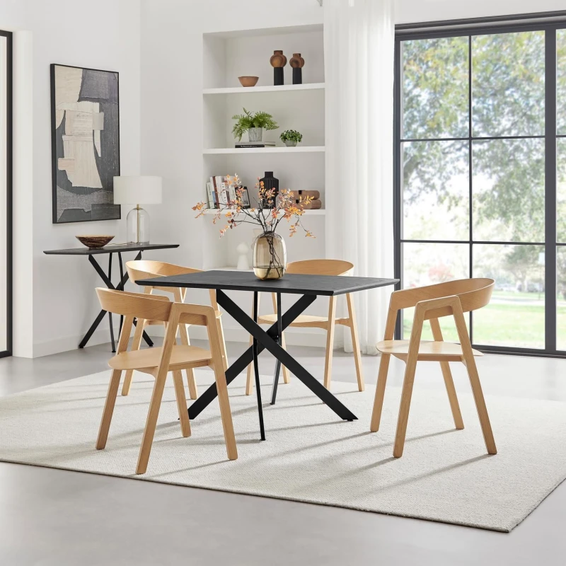 Image of FurnitureboxUK FurnitureboxUK Leonardo Black Top Dining Table & 4 Oak Masa Chairs Black One Size Unisex 5056784315460