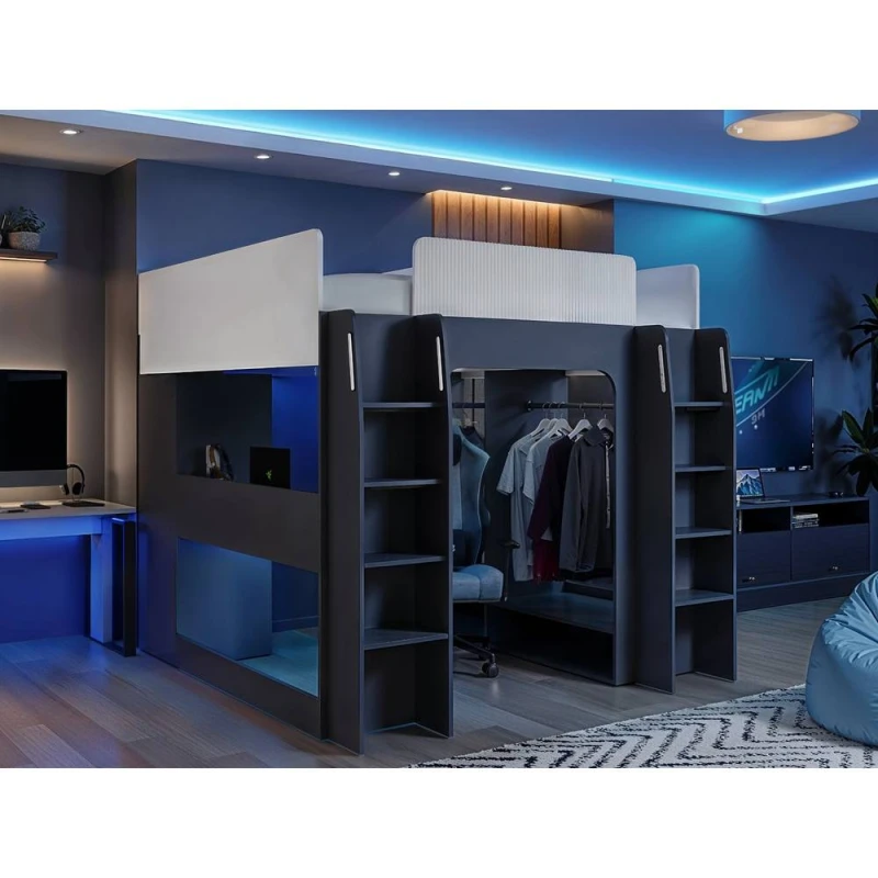 Image of Recoil Dante Twin Gaming High Sleeper with Desk & Wardrobe in Dark Grey Size: Single Dark Grey Unisex Single