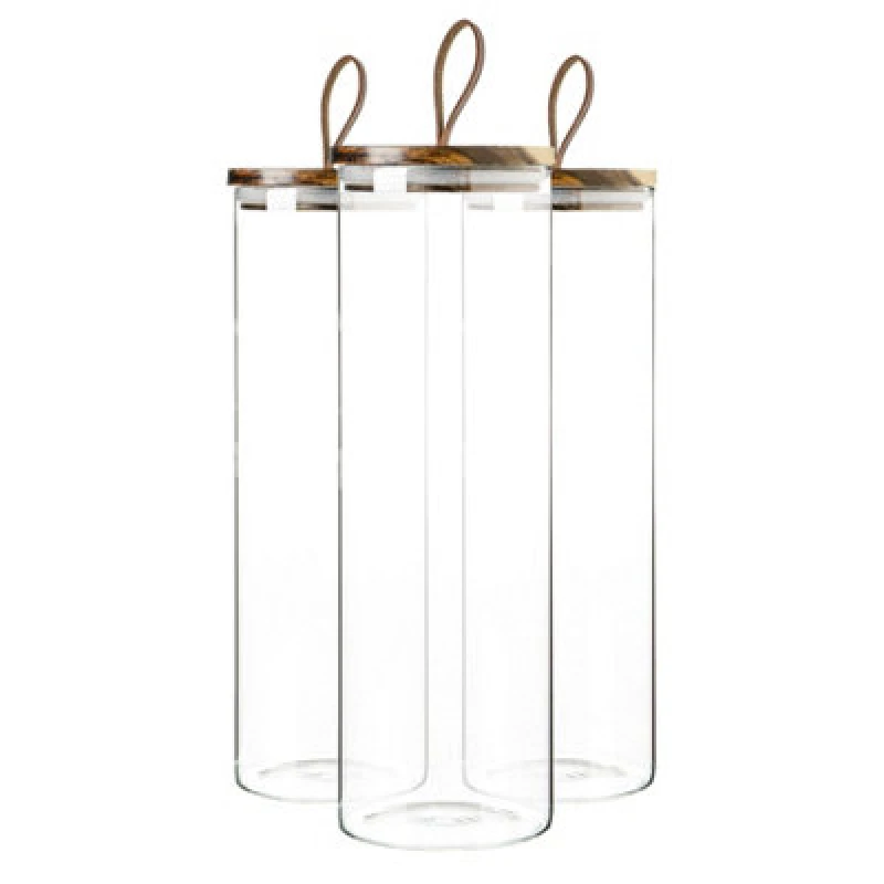 Image of Argon Tableware Glass Storage Jars with Wooden Lids Leather Loop 2 Litre Pack of 3 Clear